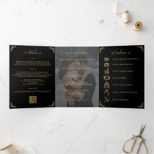 Invitación Tríptica Foto de boda en oro negro Elegante código QR Gatef