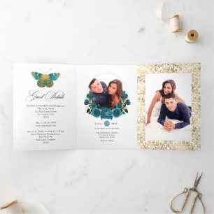 Invitación Tríptica Foto de boda floral vintage turquesa y dorado