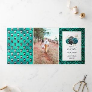 Invitación Tríptica Foto de Boda Gótica Floral Turquesa y Dorada