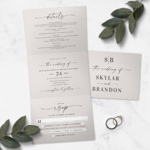 Invitación Tríptica Foto de boda minimalista todo en uno de color blan