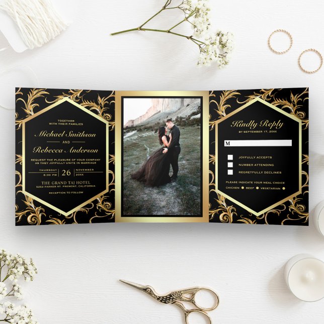 Invitación Tríptica Foto de Boda Swirl Flouril Black and Gold (Subido por el creador)