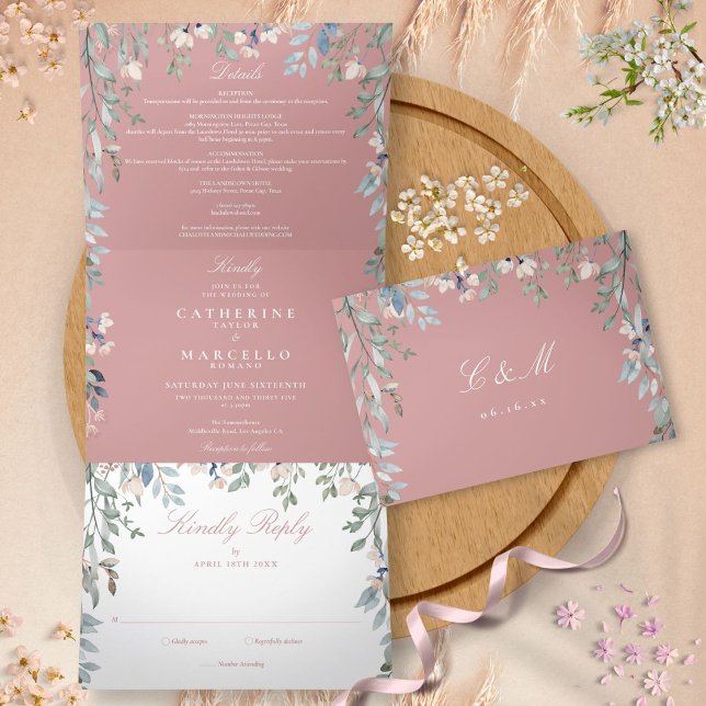 Invitación Tríptica Foto de Bodas de Flores de Rosa Polvorienta (Dusty Rose Floral Wildflowers Photo Wedding Tri-Fold Invitation)