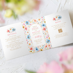 Invitación Tríptica Foto de Boho Garden Wedding Elegante de Flor silve