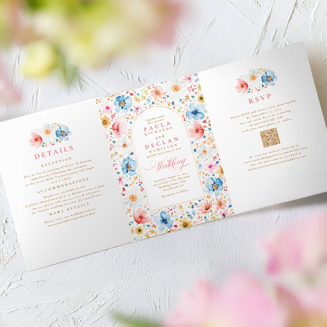 Invitación Tríptica Foto de Boho Garden Wedding Elegante de Flor silve (Wildflowers Wedding Invitation with RSVP, Details and Photo)