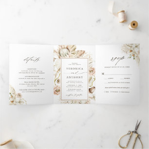 Invitación Tríptica Foto de Boho Protea Pampas Boda Floral Grasa