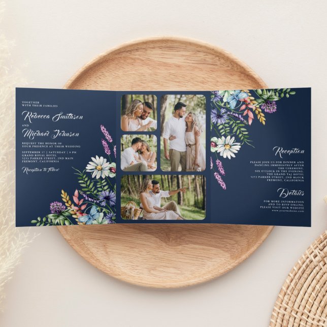 Invitación Tríptica Foto de Boho Wildflower en un Boda azul de la mari (Subido por el creador)