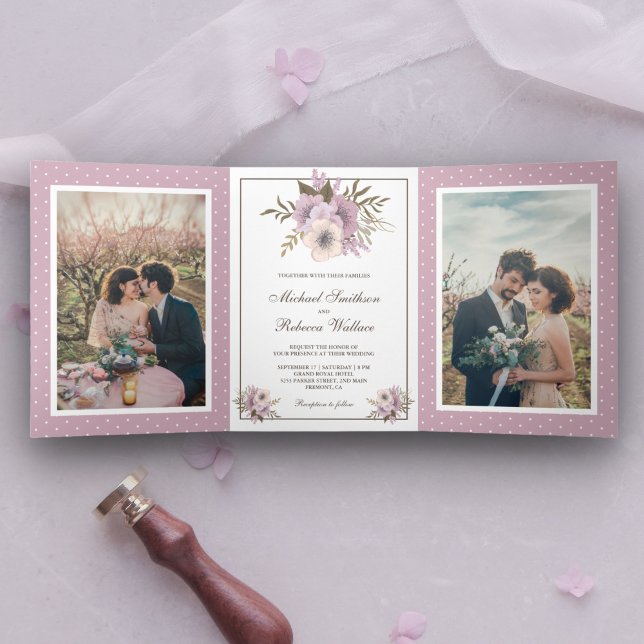 Invitación Tríptica Foto de Dusty Mauve Boda floral rosa (Subido por el creador)