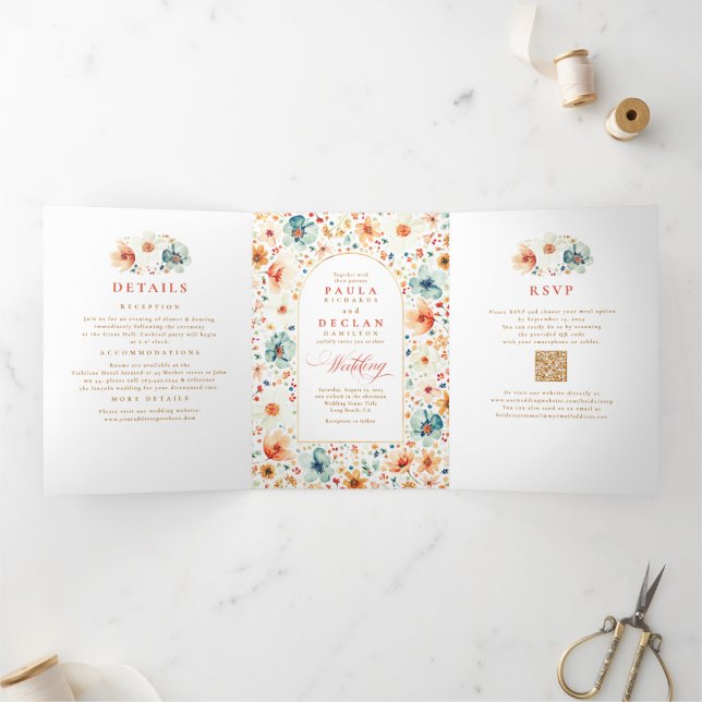 Invitación Tríptica Foto de la boda de la caída de Boho elegante con f (Interior)
