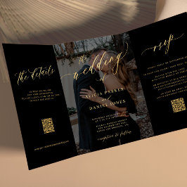 Invitación Tríptica Foto de overlay dorado negro detalles de RSVP boda