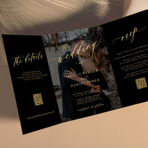 Invitación Tríptica Foto de overlay dorado negro detalles de RSVP boda