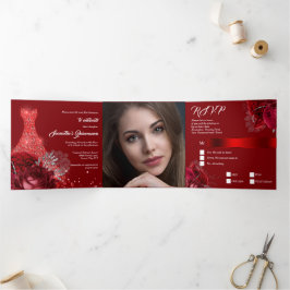 Invitación Tríptica FOTO de plata roja rosa floral chicas de bata