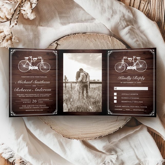 Invitación Tríptica Foto del Boda de Bicicletas Tándem de Madera Rústi (Subido por el creador)
