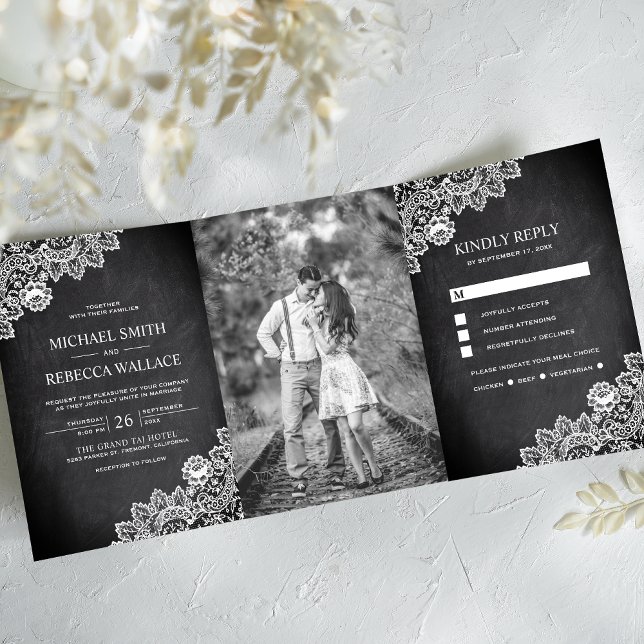 Invitación Tríptica Foto del Boda de encaje blanco del tablero negro (Subido por el creador)