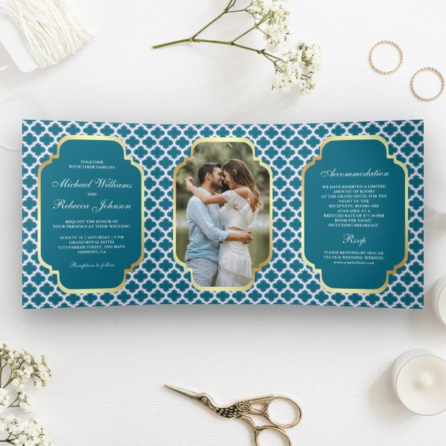 Invitación Tríptica Foto del Boda del patrón de quatrefoil marroquí az (Subido por el creador)