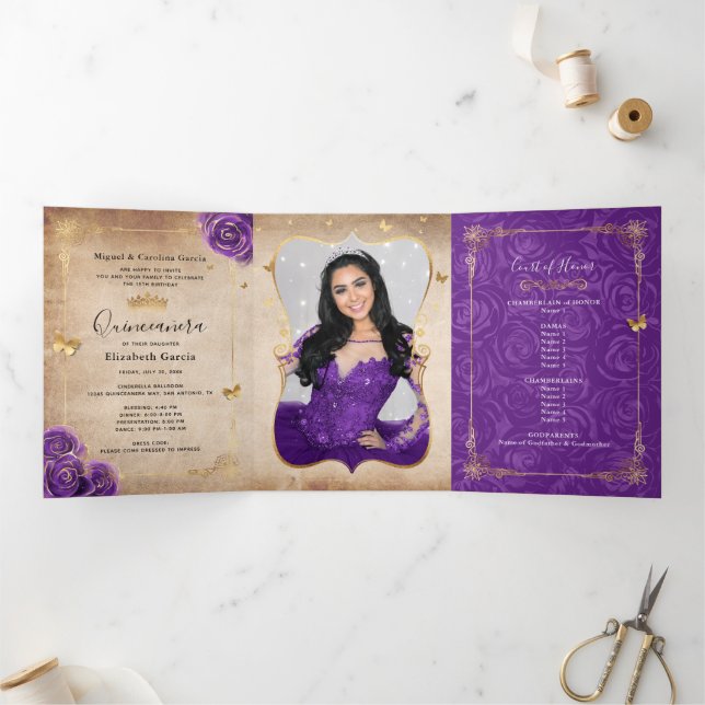 Invitación Tríptica Foto Español Rosa púrpura Oro Quinceanera (Interior)