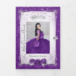 Invitación Tríptica Foto Española de Quinceanera Púrpura y Plata
