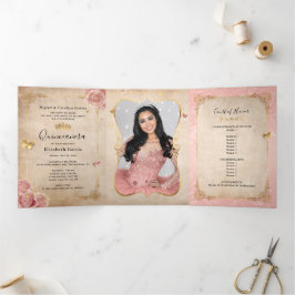 Invitación Tríptica Foto española Rubor Rosa Quinceanera