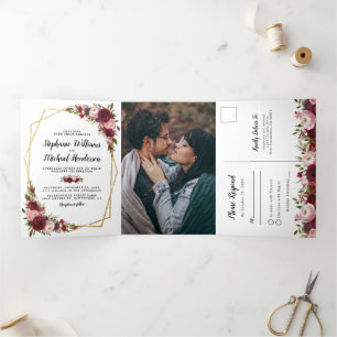 Invitación Tríptica Foto floral de Borgoña en un solo Boda