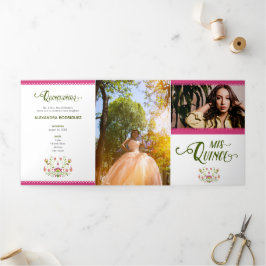 Invitación Tríptica Foto floral tradicional mexicana rosa Quinceanera