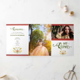 Invitación Tríptica Foto floral tradicional roja mexicana Quinceanera