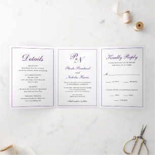 Invitación Tríptica Foto Formal de Boda con Monograma Púrpura Real