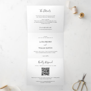 Invitación Tríptica Foto mínima Boda con código QR RSVP y detalles