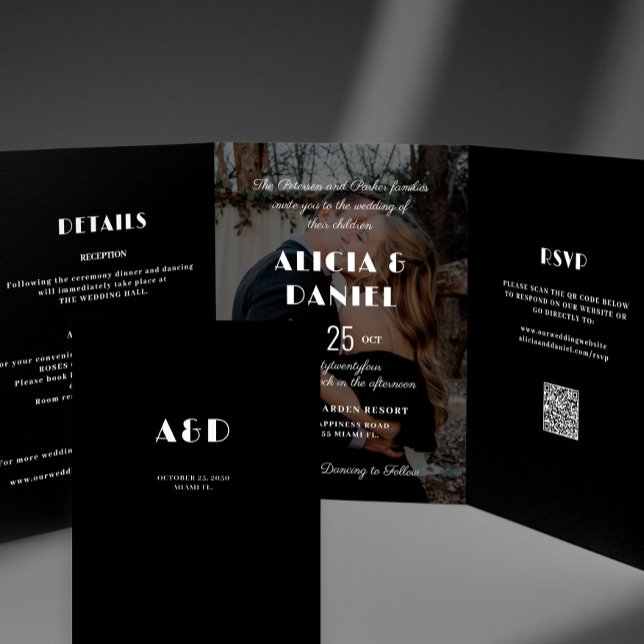 Invitación Tríptica Foto moderna boda de detalles de rsvp en blanco y  (Subido por el creador)