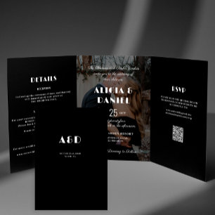 Invitación Tríptica Foto moderna boda de detalles de rsvp en blanco y 