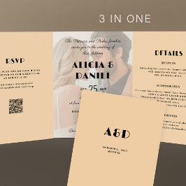 Invitación Tríptica Foto moderna rsvp detalles QR crema boda negro