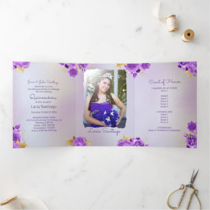 Invitación Tríptica Foto: Perla española y Rosas púrpura Quinceanera