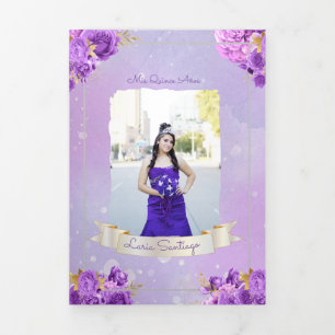 Invitación Tríptica Foto: Perla española y Rosas púrpura Quinceanera