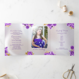 Invitación Tríptica Foto: Perla española y Rosas púrpura Quinceanera