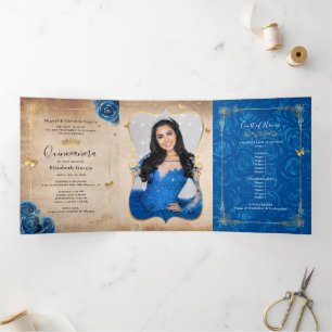 Invitación Tríptica Foto: Rosa azul real español Quinceanera