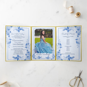 Invitación Tríptica Foto Rosas españoles de oro azul claro Quinceanera