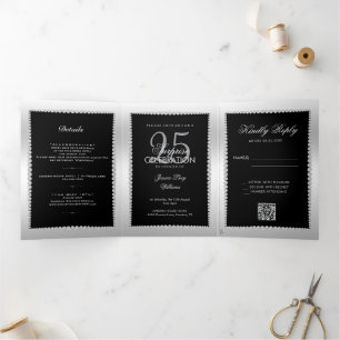 Invitación Tríptica Foto Silver Black, Código QR Cumpleaños 25 de Sorp
