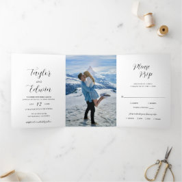 Invitación Tríptica Fotografía de boda moderna minimalista en blanco y