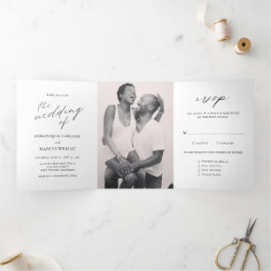 Invitación Tríptica Fotografía de Caligrafía Elegante Boda Moderna