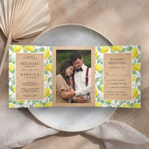Invitación Tríptica Fotomural Kraft de limonero moderno para boda