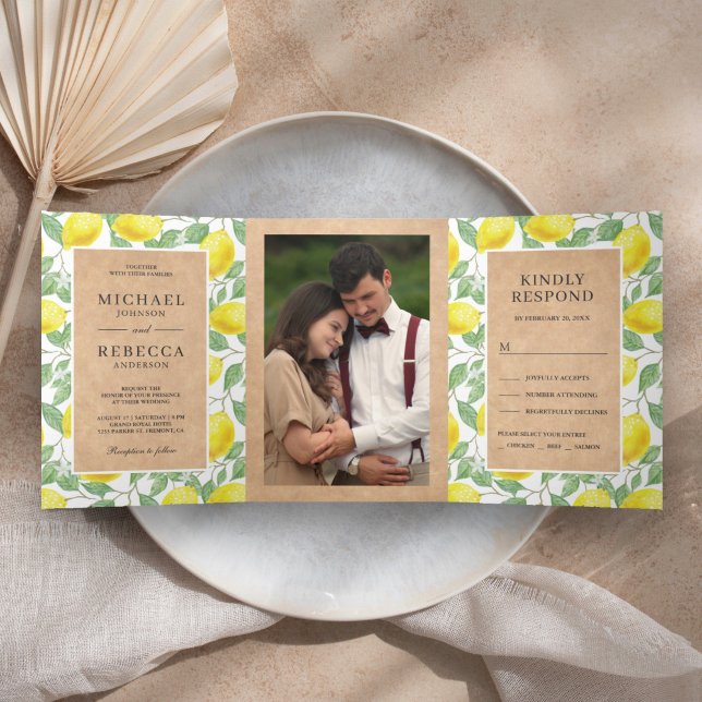 Invitación Tríptica Fotomural Kraft de limonero moderno para boda (Subido por el creador)
