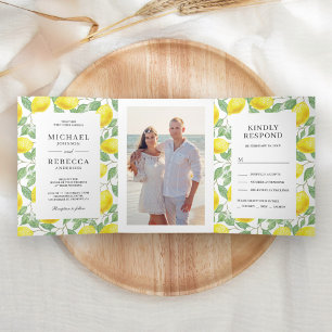 Invitación Tríptica Fotos de boda con vegetación moderna de limonero
