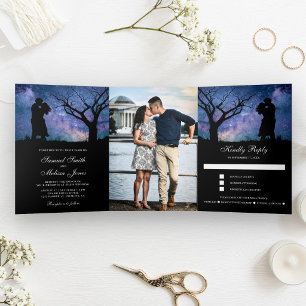 Invitación Tríptica Fotos de boda de pareja romántica de la galaxia az