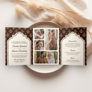 Invitación Tríptica Fotos de Ikat Marrón Crema Collage Boda India
