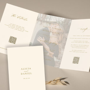 Invitación Tríptica Fotos de marfil de oro detalles de RSVP código QR