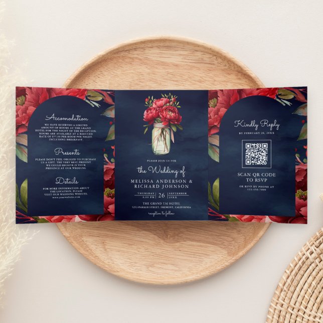 Invitación Tríptica Frasco de Mason Floral Peonía Roja Código QR Boda  (Subido por el creador)