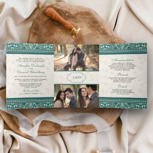 Invitación Tríptica Frontera Verde azulada de marfil en un Boda indio
