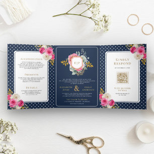 Invitación Tríptica Fucsia Rosa Floral Todo en Uno Crest Navy Boda