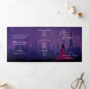 Invitación Tríptica Fuegos artificiales de París morado rosado Quincea