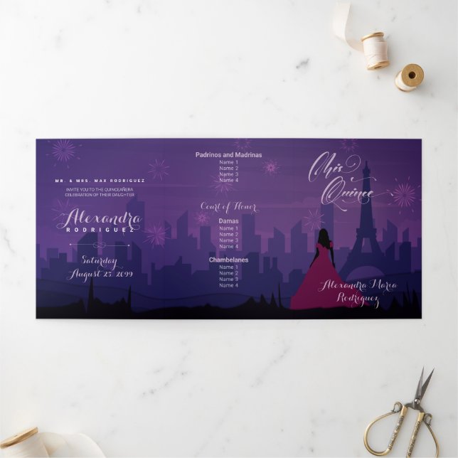Invitación Tríptica Fuegos artificiales de París morado rosado Quincea (Exterior)