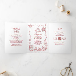 Invitación Tríptica Funky Whimsical Doodles Modern Red Wedding Photo