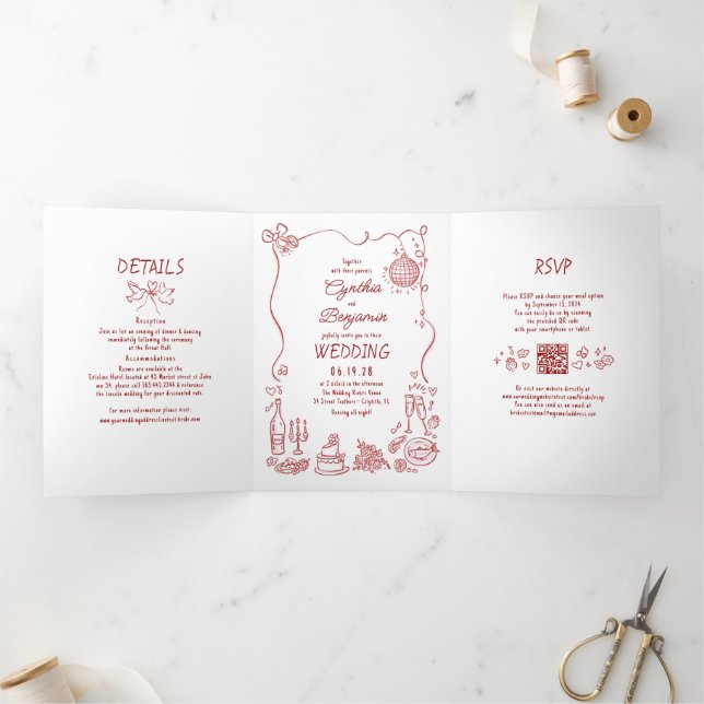 Invitación Tríptica Funky Whimsical Doodles Modern Red Wedding Photo (Interior)
